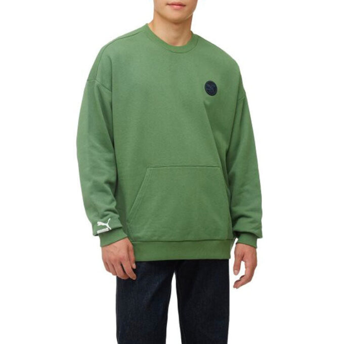 Ensfarget logo rund hals genser med lange ermer unisex grønn