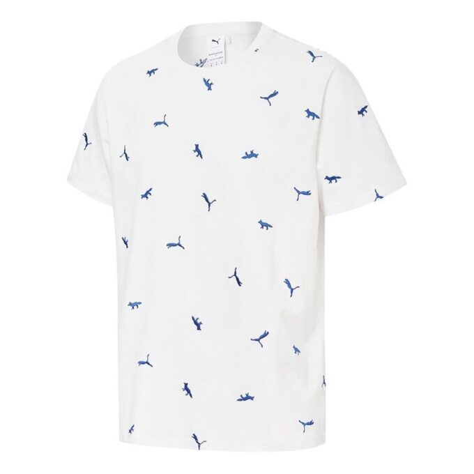 PUMA x Maison Kitsune Crossover Aop T-skjorte Brodert Logo Sports Rund Hals Kortermet Hvit