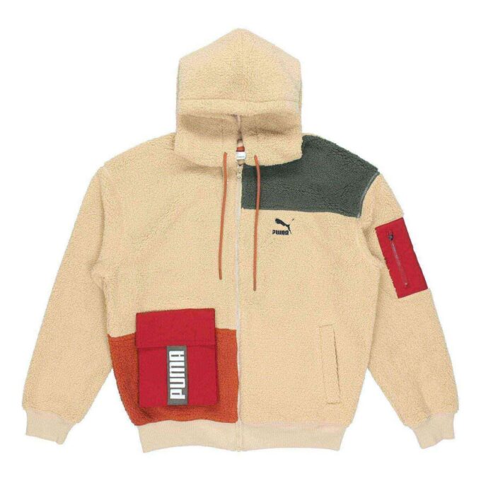 Retro Block Sherpa Full-Zip Hettegenser &laquo;Beige Rød Grønn&raquo;