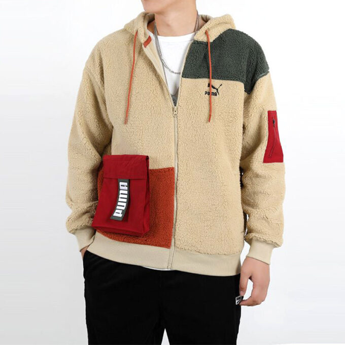 Retro Block Sherpa Full-Zip Hettegenser &laquo;Beige Rød Grønn&raquo;