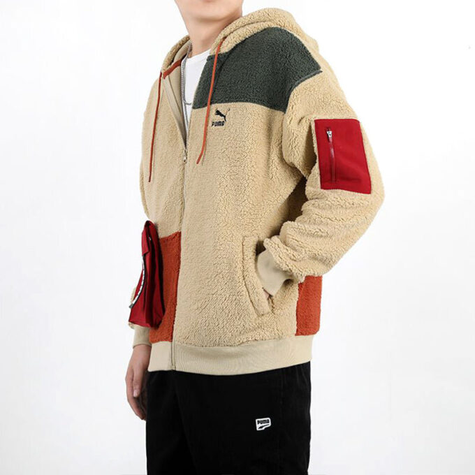 Retro Block Sherpa Full-Zip Hettegenser &laquo;Beige Rød Grønn&raquo;