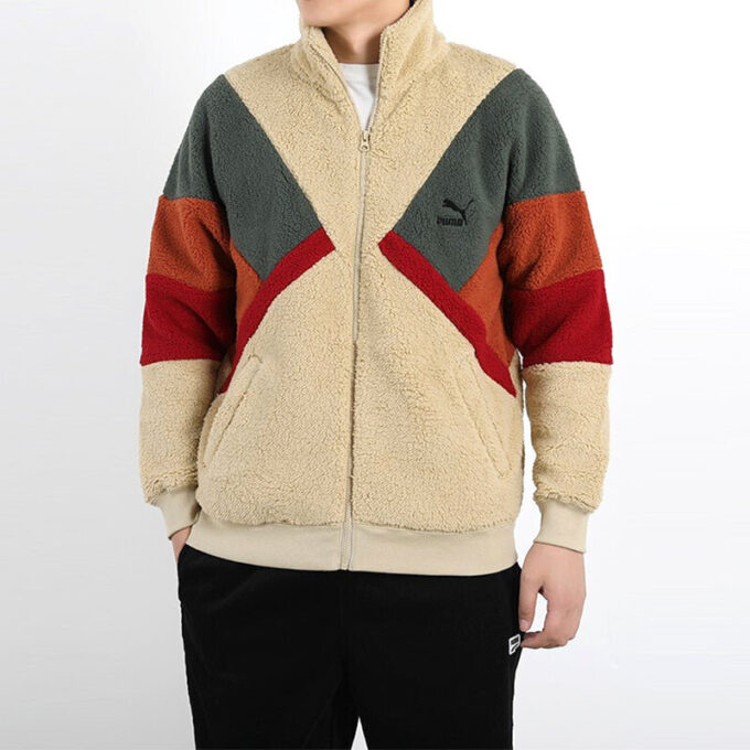 Retro Block Sherpa Jakke &laquo;Brun Rød Grønn&raquo;