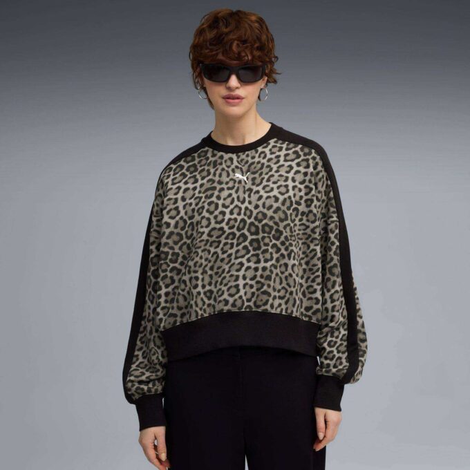 T7 Leopard Luxe Dame Genser med dyreprint og rund hals
