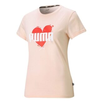 (WMNS) Hjerte-T-skjorte med kjærlighetstrykk, logo, sport, rund hals, korte ermer, rosa rød